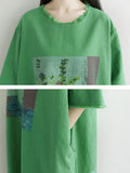 Women Summer Vintage Print Raw-edge Loose Cotton Dress