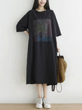 Women Summer Vintage Print Raw-edge Loose Cotton Dress