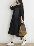 Women Summer Vintage Print Raw-edge Loose Cotton Dress