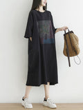 Women Summer Vintage Print Raw-edge Loose Cotton Dress