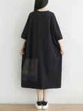 Women Summer Vintage Print Raw-edge Loose Cotton Dress