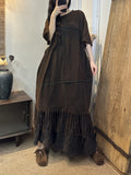 Women Summer Vintage Spliced Tassel Hem Loose Cotton Dress