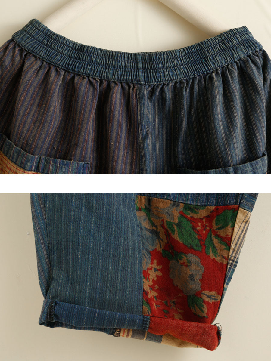 Women Summer Retro Patch Spliced Pocket Harem Pants