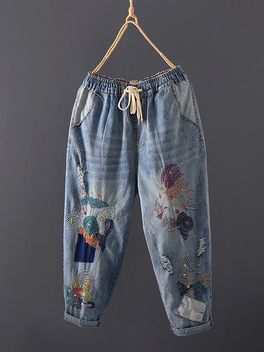 Pantalon sarouel en Denim avec poches et coutures Vintage pour femmes, été