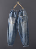 Women Summer Vintage Stitching Pocket Denim Harem Pants