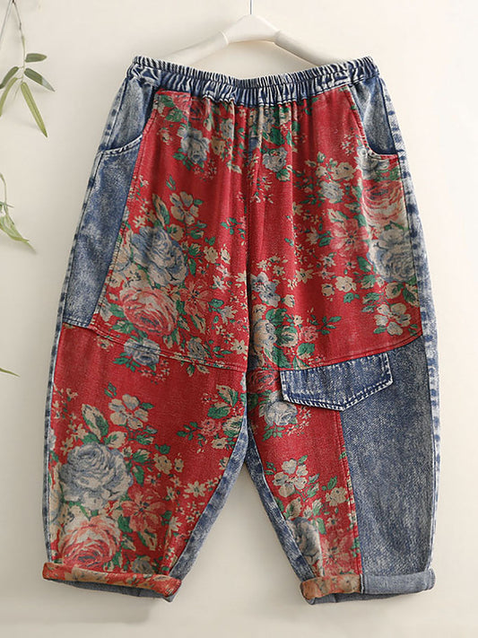 Pantalon sarouel épissé à Patch Floral Vintage pour femmes, été 
