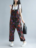 Women Retro Flower Button Spliced Loose Jumpsuits
