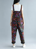Women Retro Flower Button Spliced Loose Jumpsuits