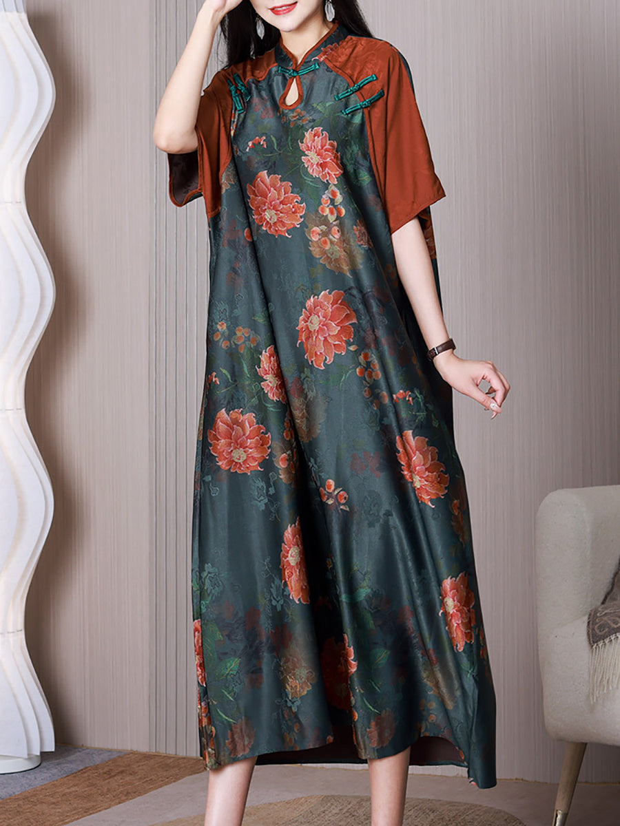 Women Ethnic Flower Spliced Button Loose Dress