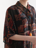 Women Ethnic Flower Print Button Thin Polo Collar Dress