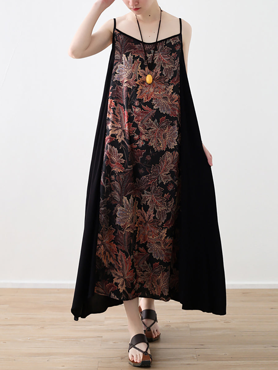 Women Vintage Flower Spliced Vest Long Dress