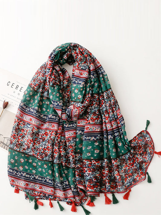 Women Ethnic Floral Colorblock Tassel Travel Scarf