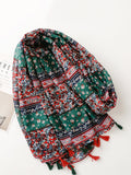Women Ethnic Floral Colorblock Tassel Travel Scarf