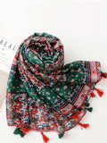 Women Ethnic Floral Colorblock Tassel Travel Scarf