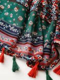 Women Ethnic Floral Colorblock Tassel Travel Scarf