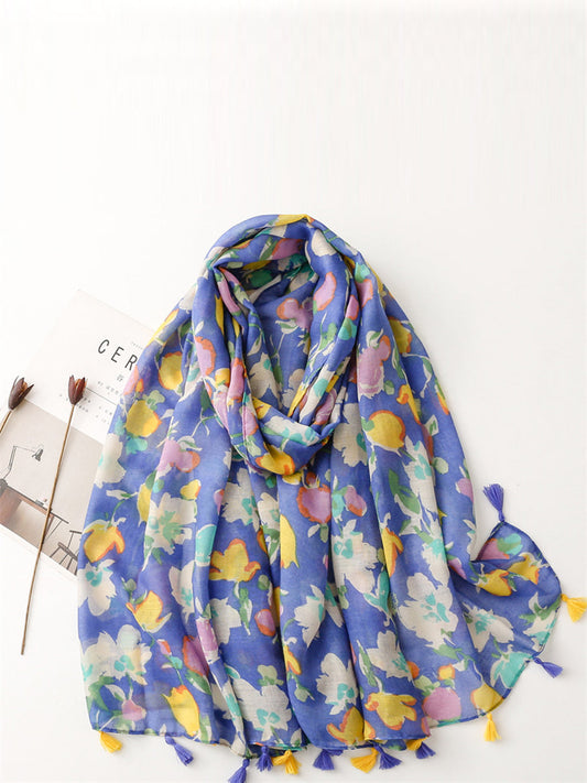 Women Artsy Floral Tassel Travel Shawl Scarf