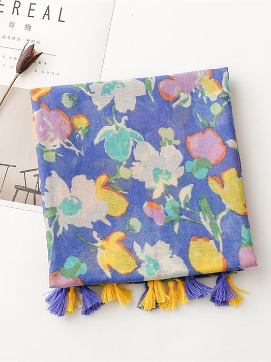 Women Artsy Floral Tassel Travel Shawl Scarf