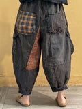 Women Vintage Patch Spliced Pocket Harem Pants