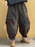Women Vintage Patch Spliced Pocket Harem Pants