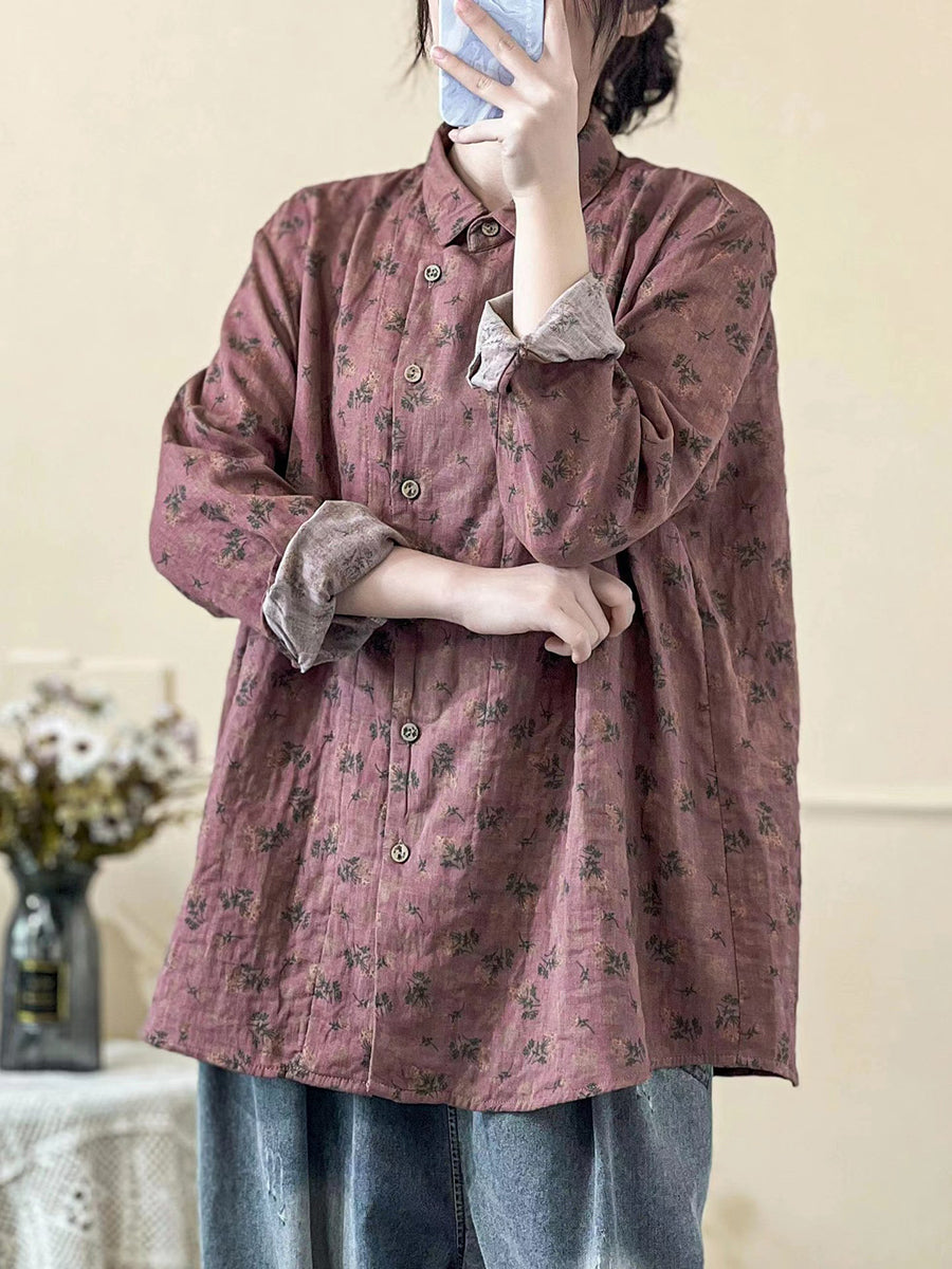 Chemise à fermeture inclinée florale vintage pour femmes de grande taille