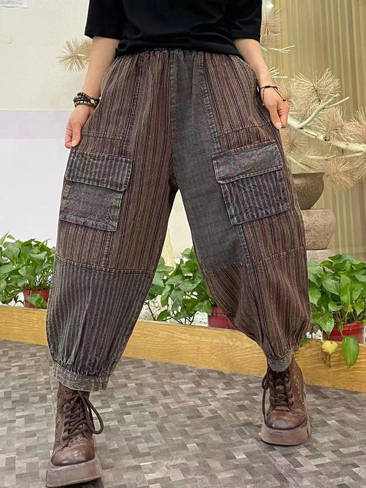 Pantalon sarouel épissé avec poches à rayures vintage pour femmes