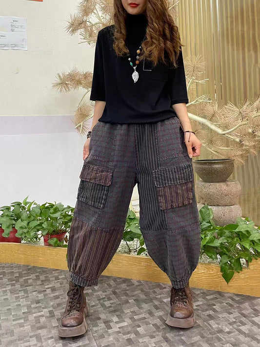 Pantalon sarouel épissé avec poches à rayures vintage pour femmes