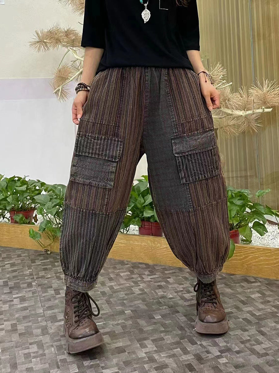Women Vintage Stripe Pocket Spliced Harem Pants