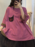 Women Vintage Embroidery Spliced Loose Shirt
