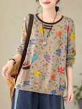 Women Autumn Vintage Floral Knitted Pullover Shirt