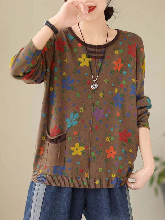 Chemise pull tricotée florale Vintage pour femmes, automne