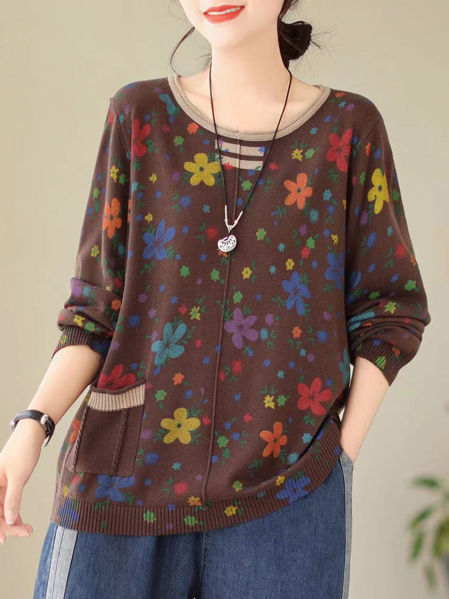 Women Autumn Vintage Floral Knitted Pullover Shirt