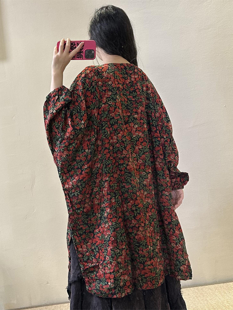 Chemise longue vintage à fleurs pour femmes, grande taille, col rond, ourlet fendu