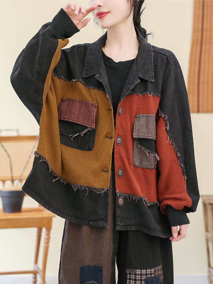 Women Autumn Vintage Patchwork Pocket Denim Coat