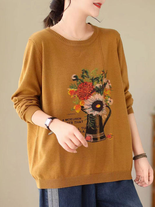 Pull tricoté à imprimé floral artistique pour femme, automne