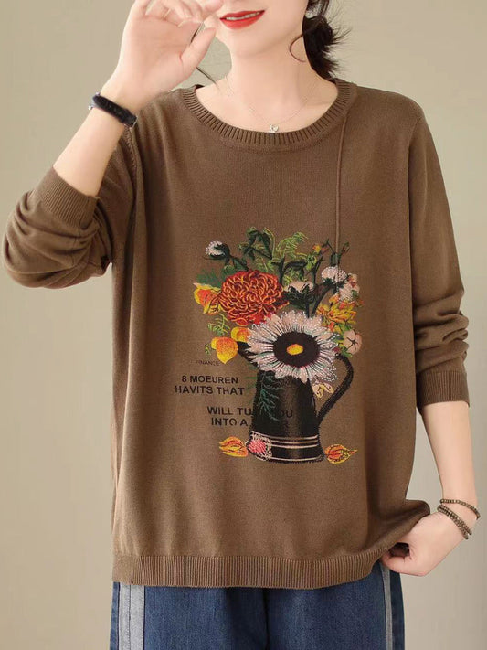 Pull tricoté à imprimé floral artistique pour femme, automne