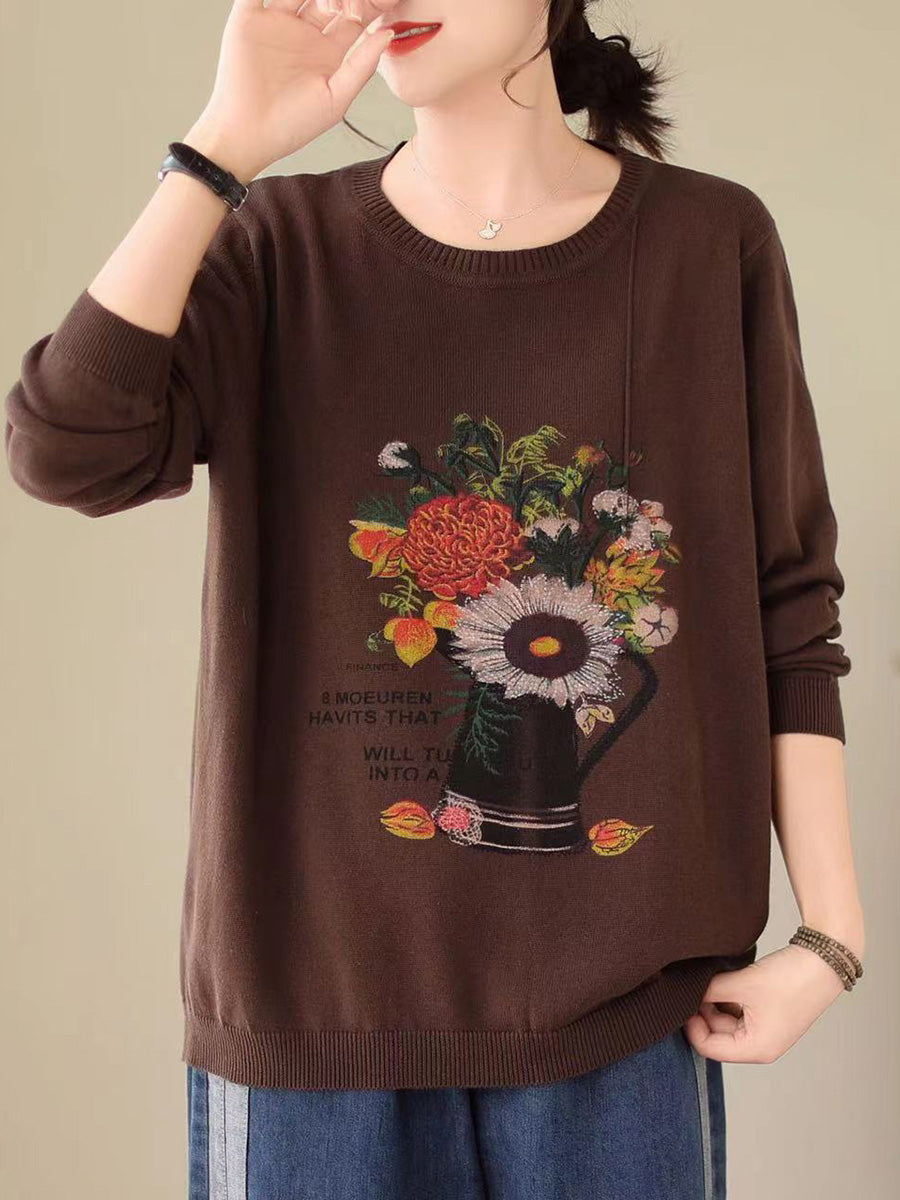 Women Autumn Artsy Flower Print Knitted Sweater