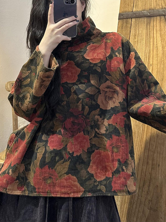 Chemise en coton à col roulé floral vintage pour femmes de grande taille