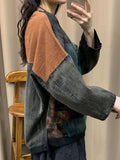 Women Autumn Retro Patch Spliced O-Neck Sweatshirt