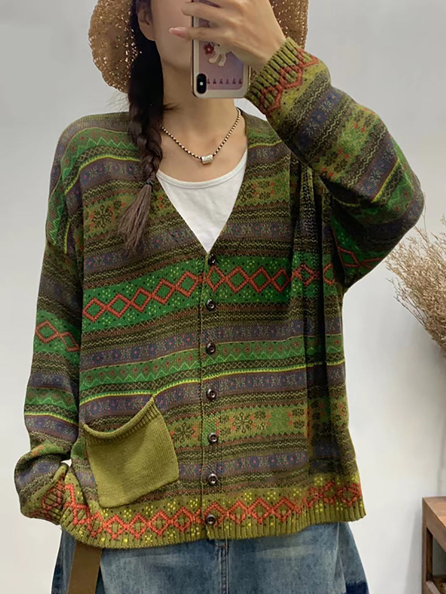 Women Autumn Geometric Knitted V-neck Sweater
