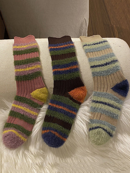 3 Pairs Women Cute Colorful Stripe Spliced Furry Socks