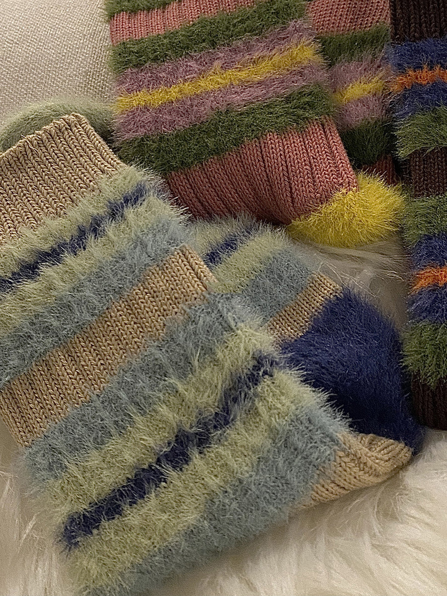 3 Pairs Women Cute Colorful Stripe Spliced Furry Socks
