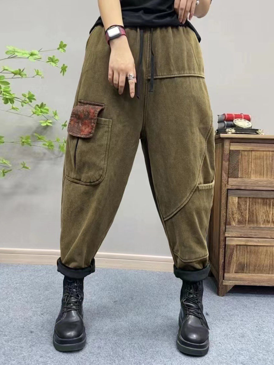 Women Retro Solid Spliced Fleece-lined Harem Pants