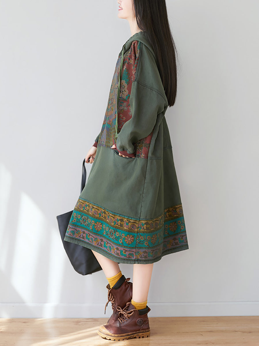 Women Ethnic Flower Spliced Long Pocket Hooded Dress