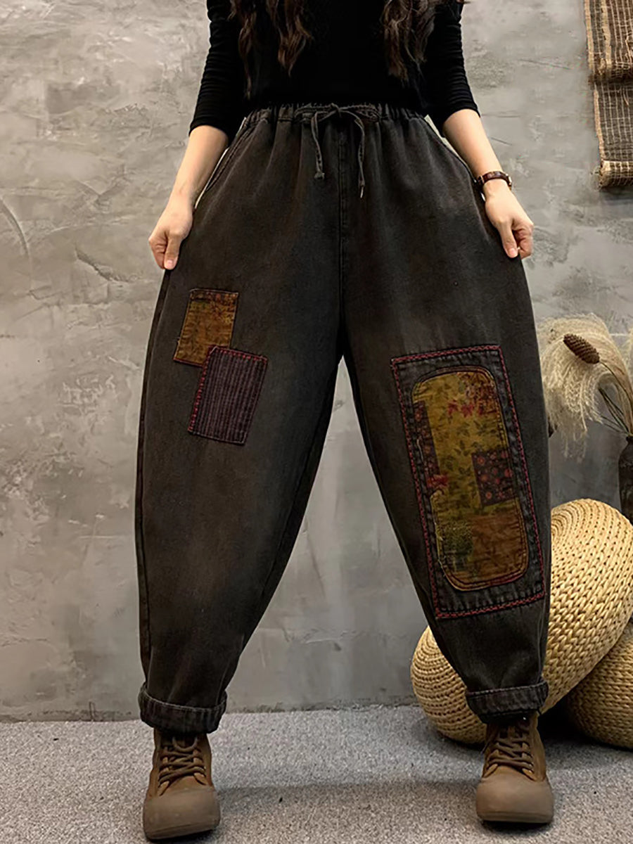Women Retro Patch Spliced Fleece-lined Denim Pants