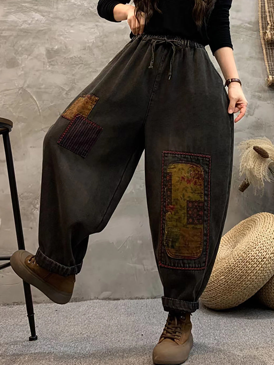 Women Retro Patch Spliced Fleece-lined Denim Pants