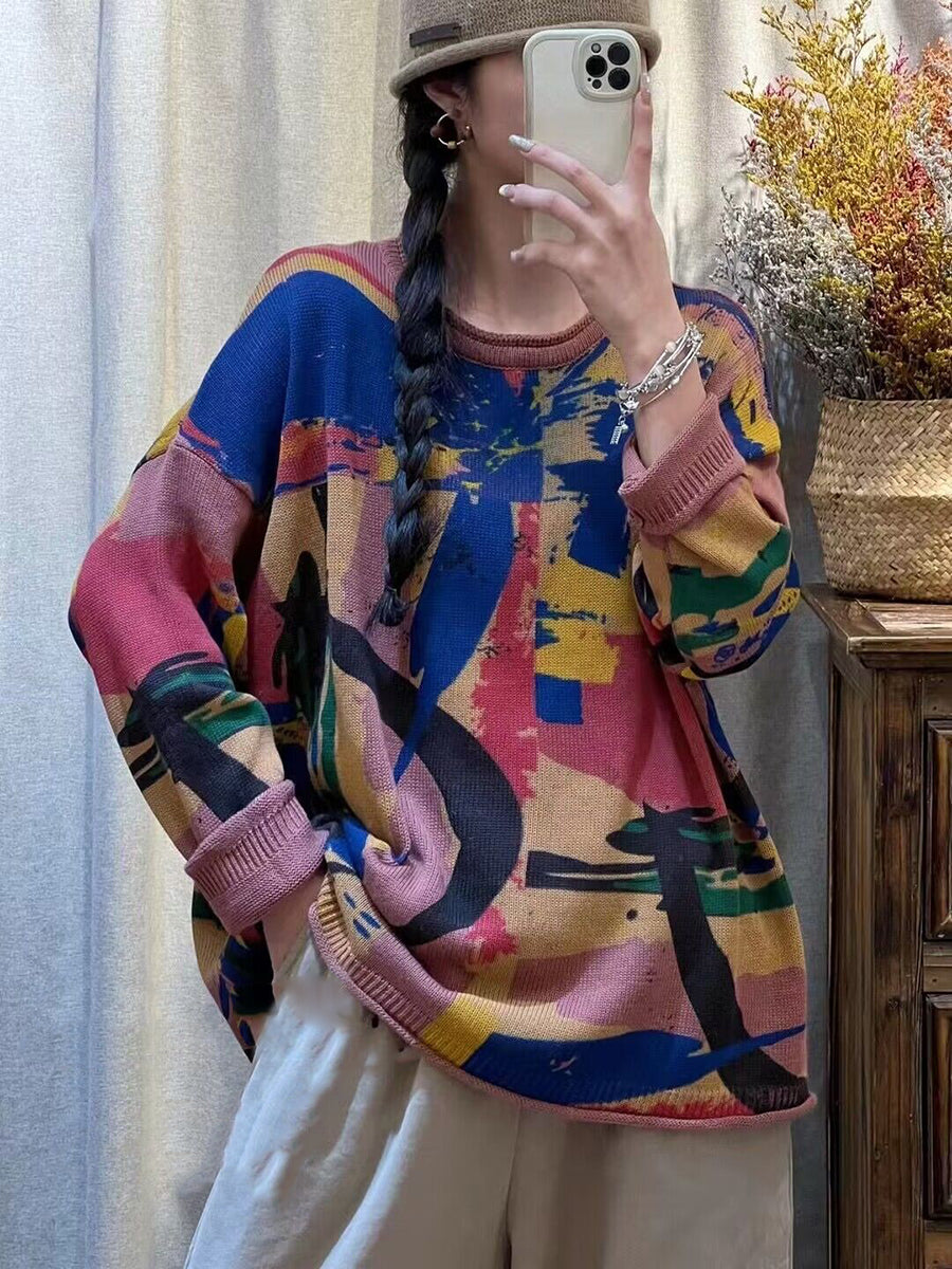Women Winter Casual Colorful Print Pullover Sweater