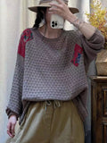Women Retro Patch Spliced Pullover Warm Sweater