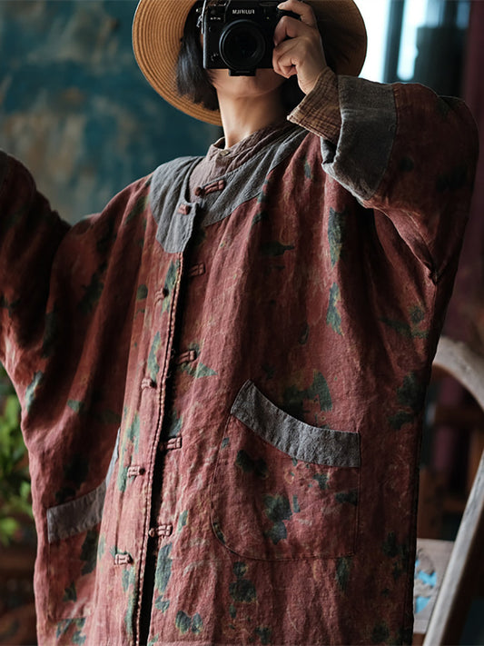Manteau en lin ample épissé de fleurs ethniques pour femmes