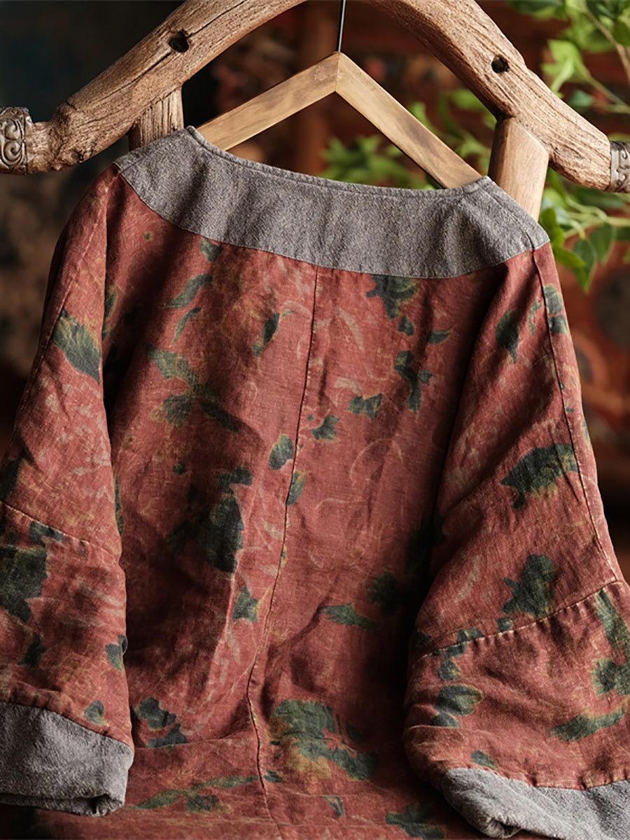 Women Ethnic Flower Spliced Loosse Linen Coat