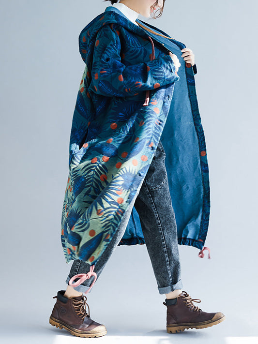 Manteau long à capuche en denim imprimé progressif Artsy Leaf pour femme